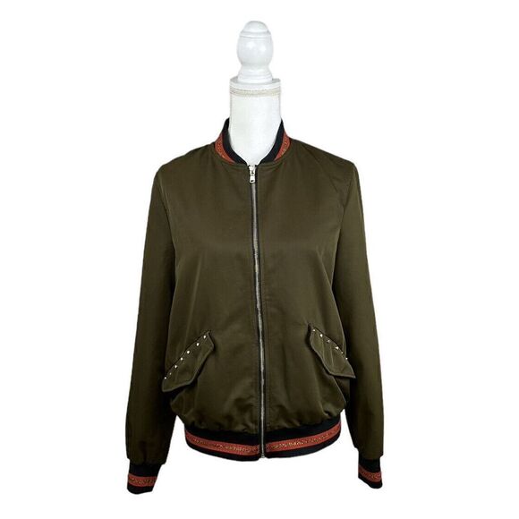 ZARA Trafaluc Outerwear Olive Green Studded Bomber Jacket Coat Size Medium - Picture 1 of 12